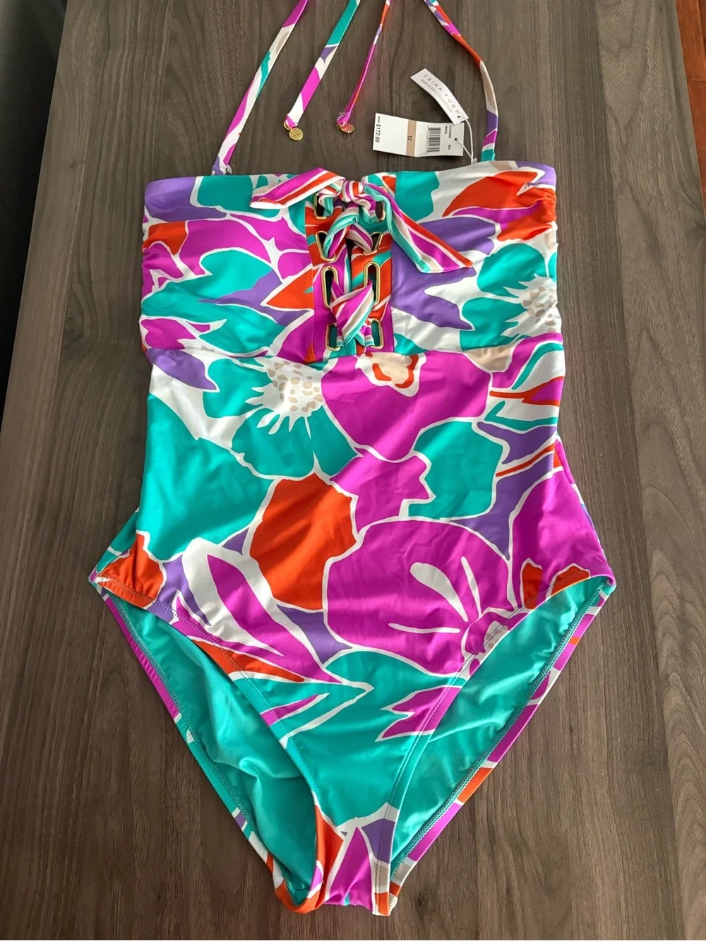 Trina Turk Floral Halter One-Piece Swimsuit in Pink Teal Orange - Picture 9 of 16